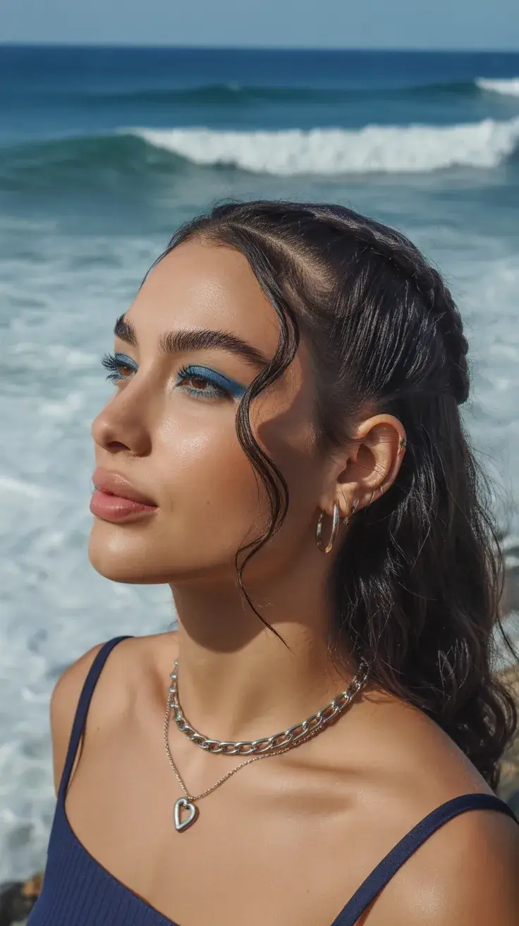 Wet look на темному волоссі з тонкою косою вздовж скроні, океан на фоні